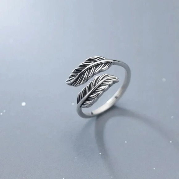 925 Sterling Silver Minimalist Feather Wrap Ring Leaf Adjustable Geometric Ring - Picture 4 of 5